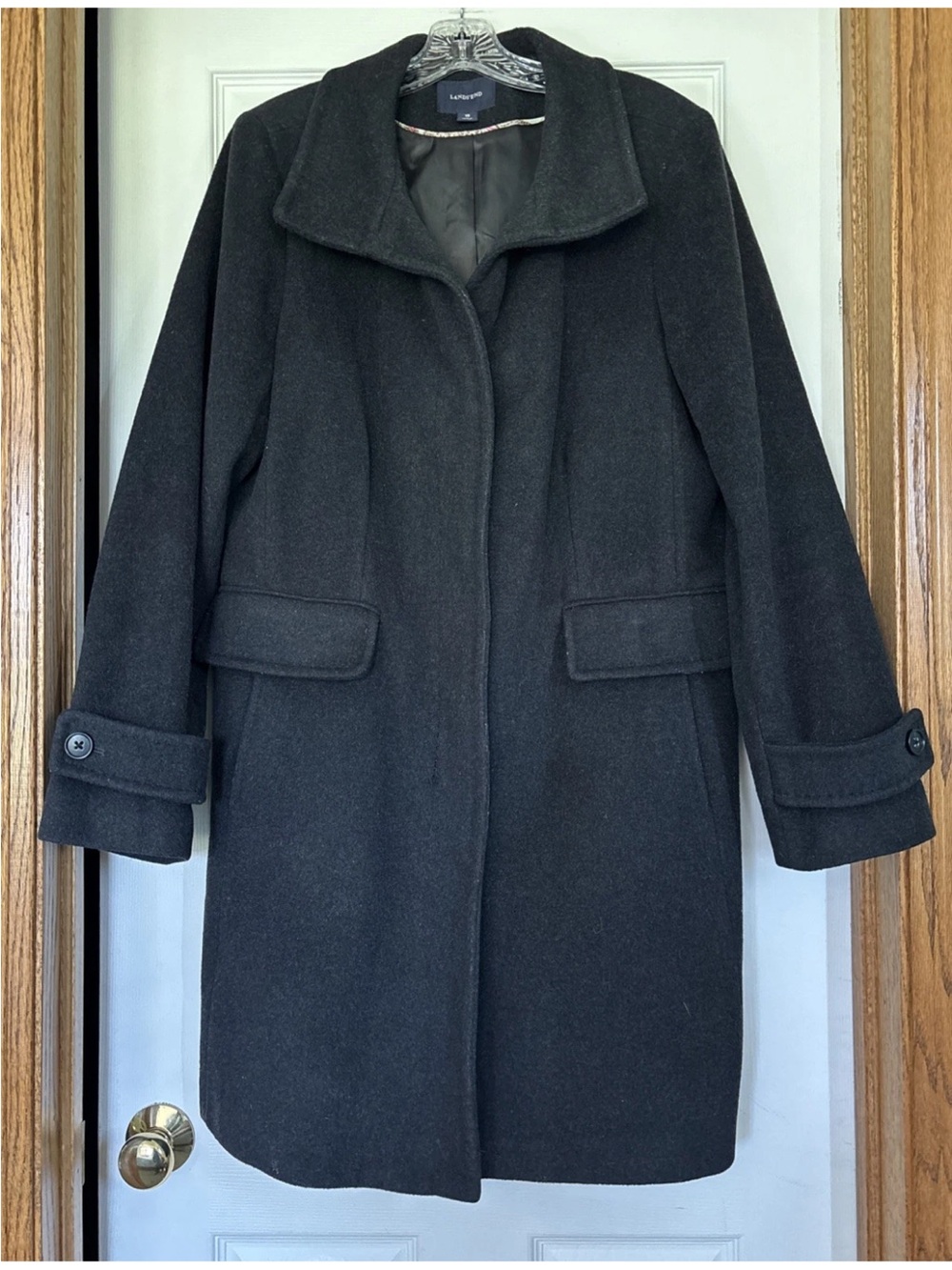 Lands End Wool Cashmere Blend Black Single Breasted Overcoat Trench Coat Size 16